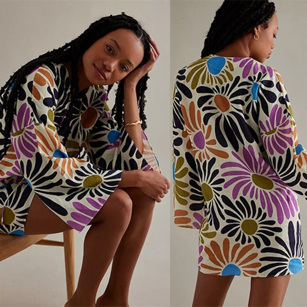 NEW Cala de la Cruz Turin Linen Bell Sleeve Floral Mini Dress Size: Large